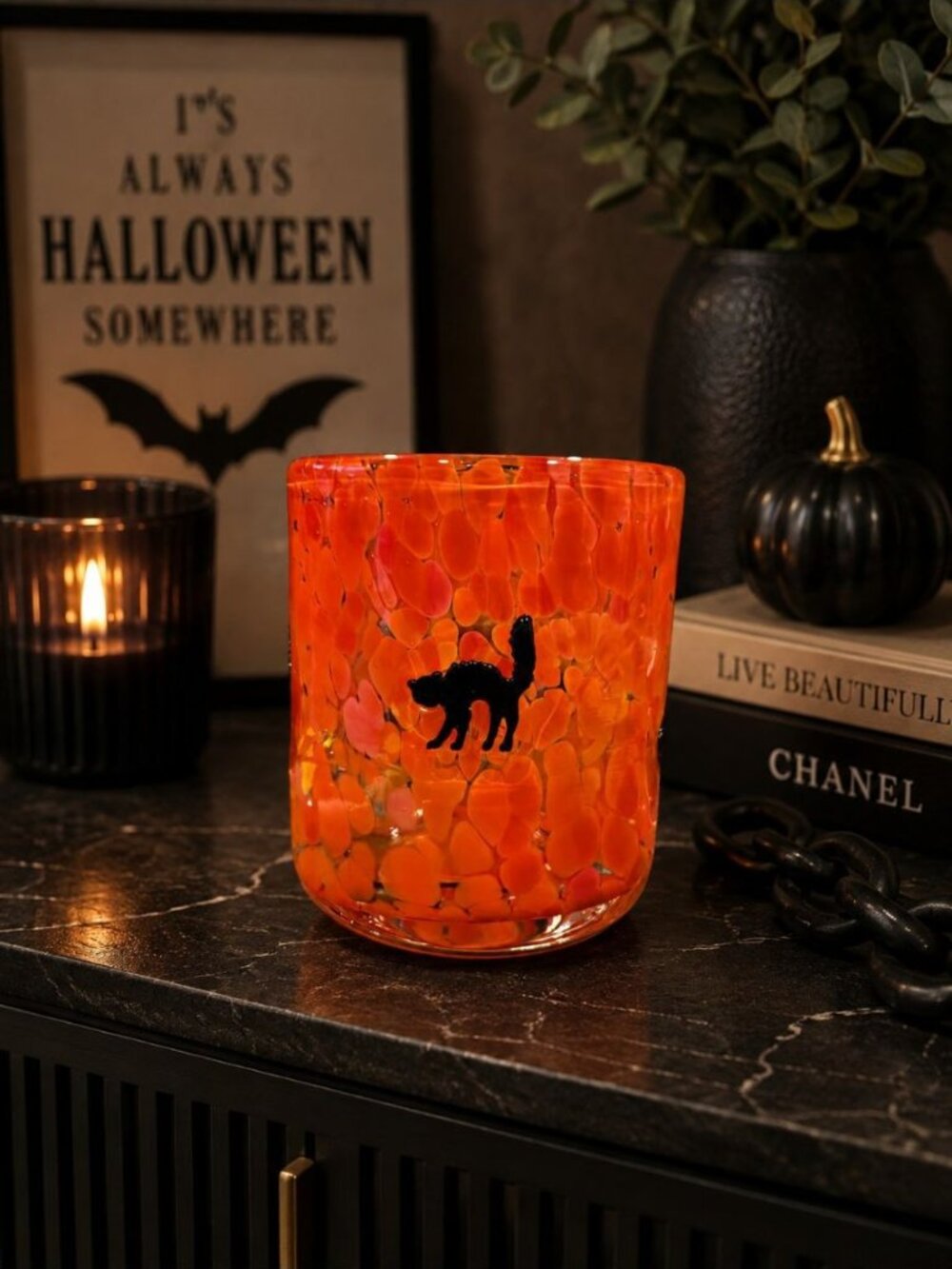 New Orange Glass Holiday Halloween Black Cat Barware Beverage Glass Cup Tumbler
